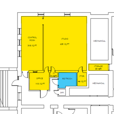 Floor plan. The video studio is the large room at the centre, with
            the editing bays along its left wall and the podcast studio below,
            off the corner.